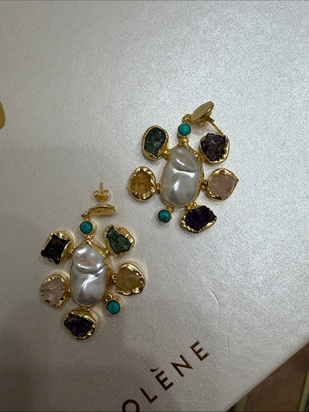 Gold-Tone Pearl and Multi-Gem Drop Earrings
